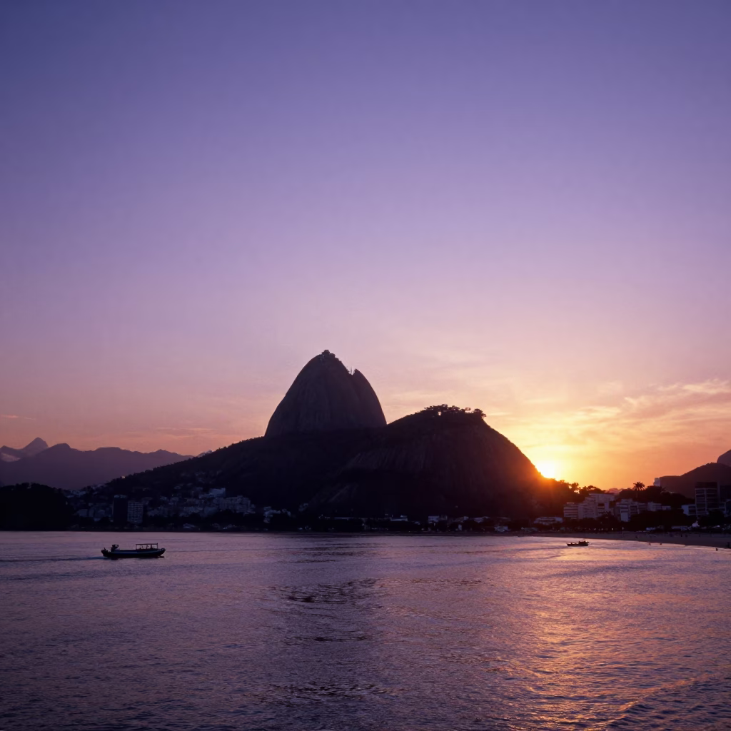 Rio de Janeiro Sunset View of Sugarloaf Mountain and Canal Barge Cargo in in Rio de Janeiro, Brazil