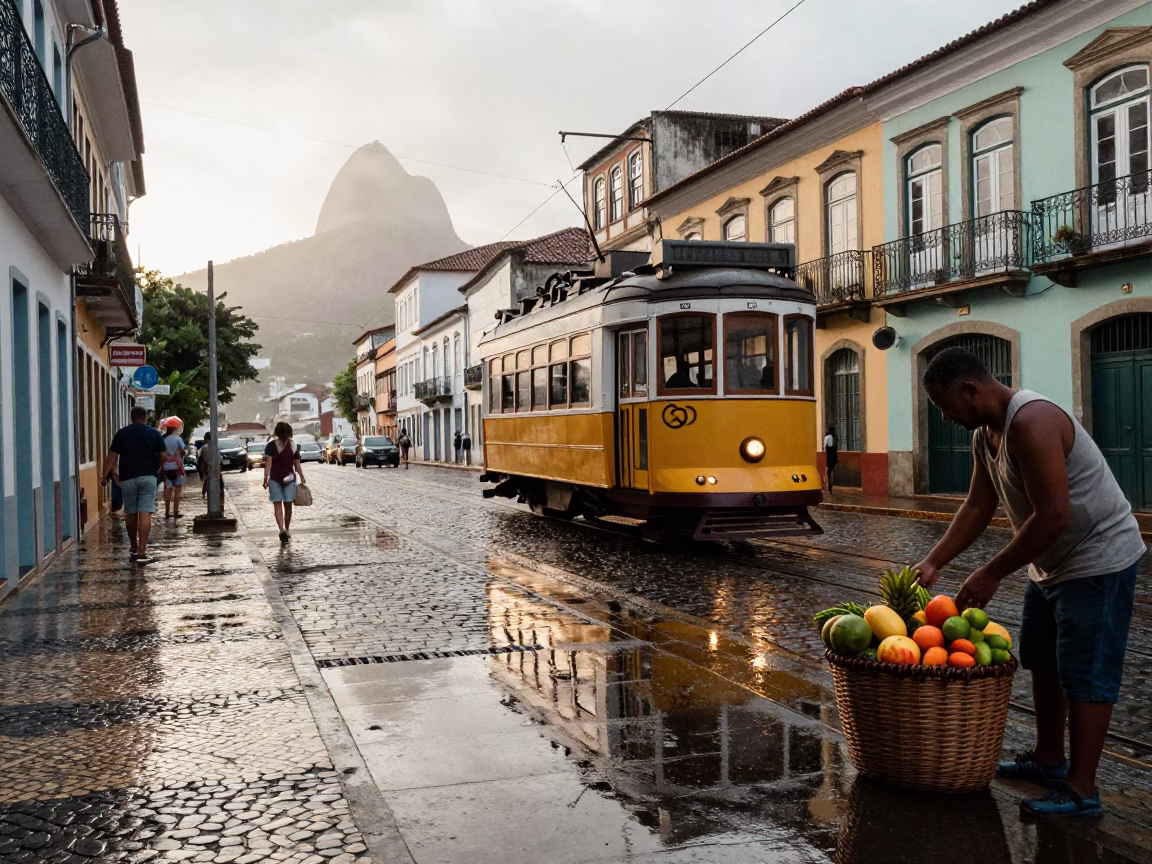 Rio de Janeiro Tramcar Reflection in Morning Rain Cobblestones in in Rio de Janeiro, Brazil