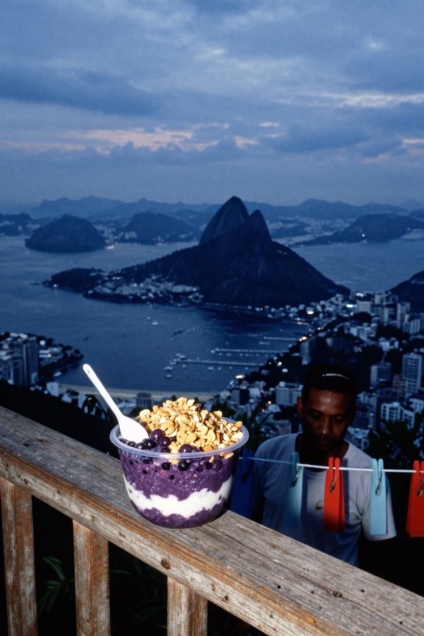 Rio de Janeiro Twilight Açaí Bowl and Laundry Pins on Balcony in in Rio de Janeiro, Brazil