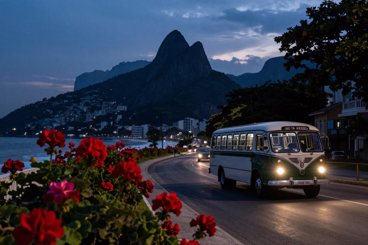 Rio de Janeiro twilight street scene with classic bus and geraniums in in Rio de Janeiro, Brazil