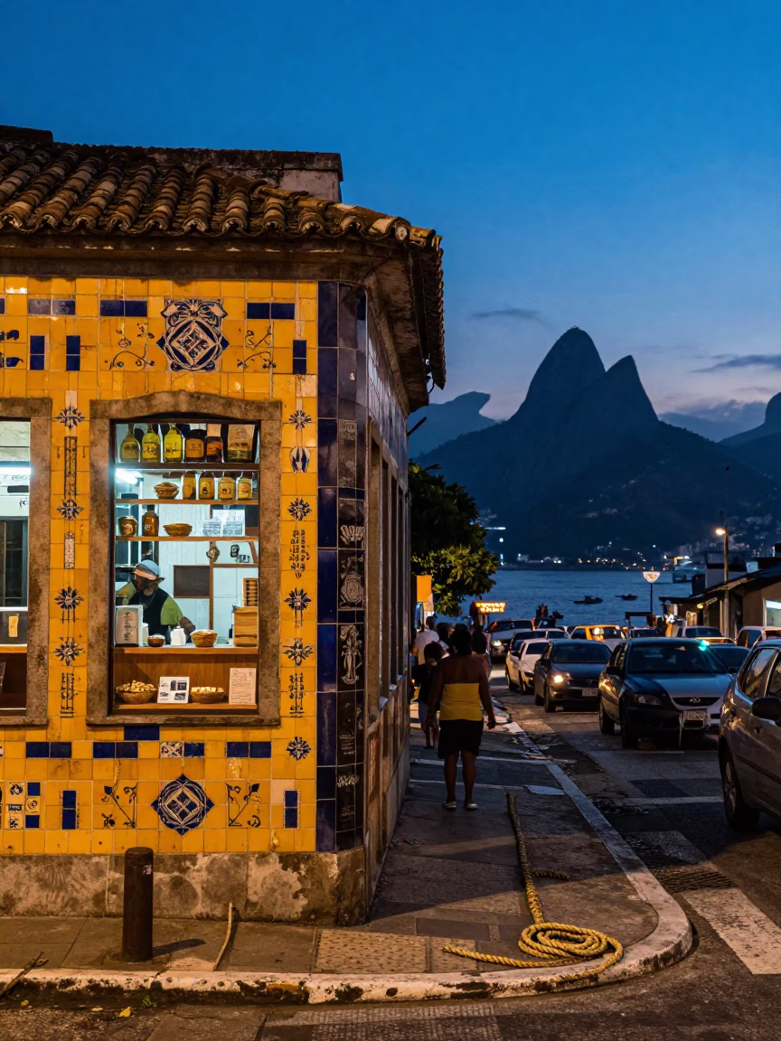 Rio de Janeiro Twilight Street Scene with Coiled Rope and Distant Kites in in Rio de Janeiro, Brazil