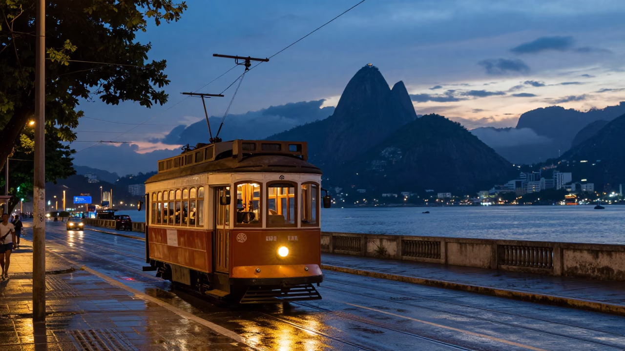 Rio de Janeiro Twilight Street Scene with Heritage Tram and River Outfall in in Rio de Janeiro, Brazil