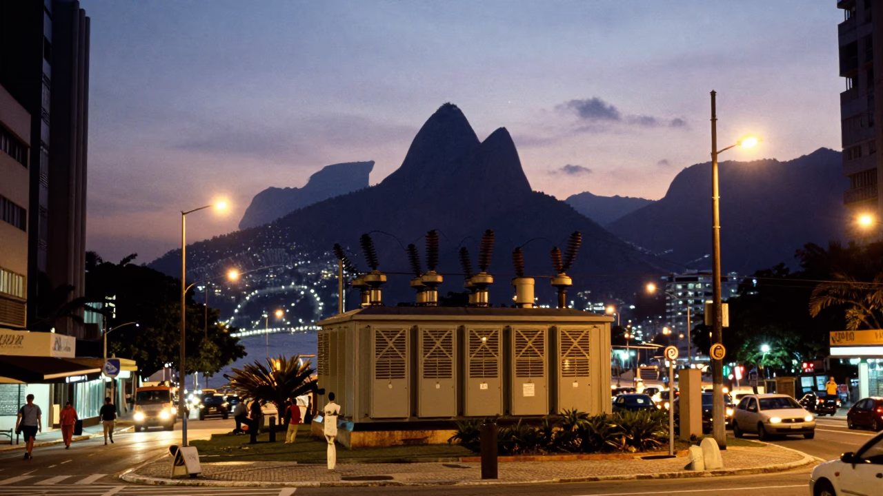Rio de Janeiro Twilight Street Scene with Lattice Power Substation and Cobalt Sky in in Rio de Janeiro, Brazil