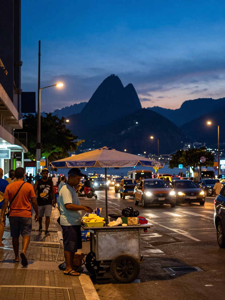 Rio de Janeiro Twilight Street Scene with Local Vendor and Pedestrians in in Rio de Janeiro, Brazil