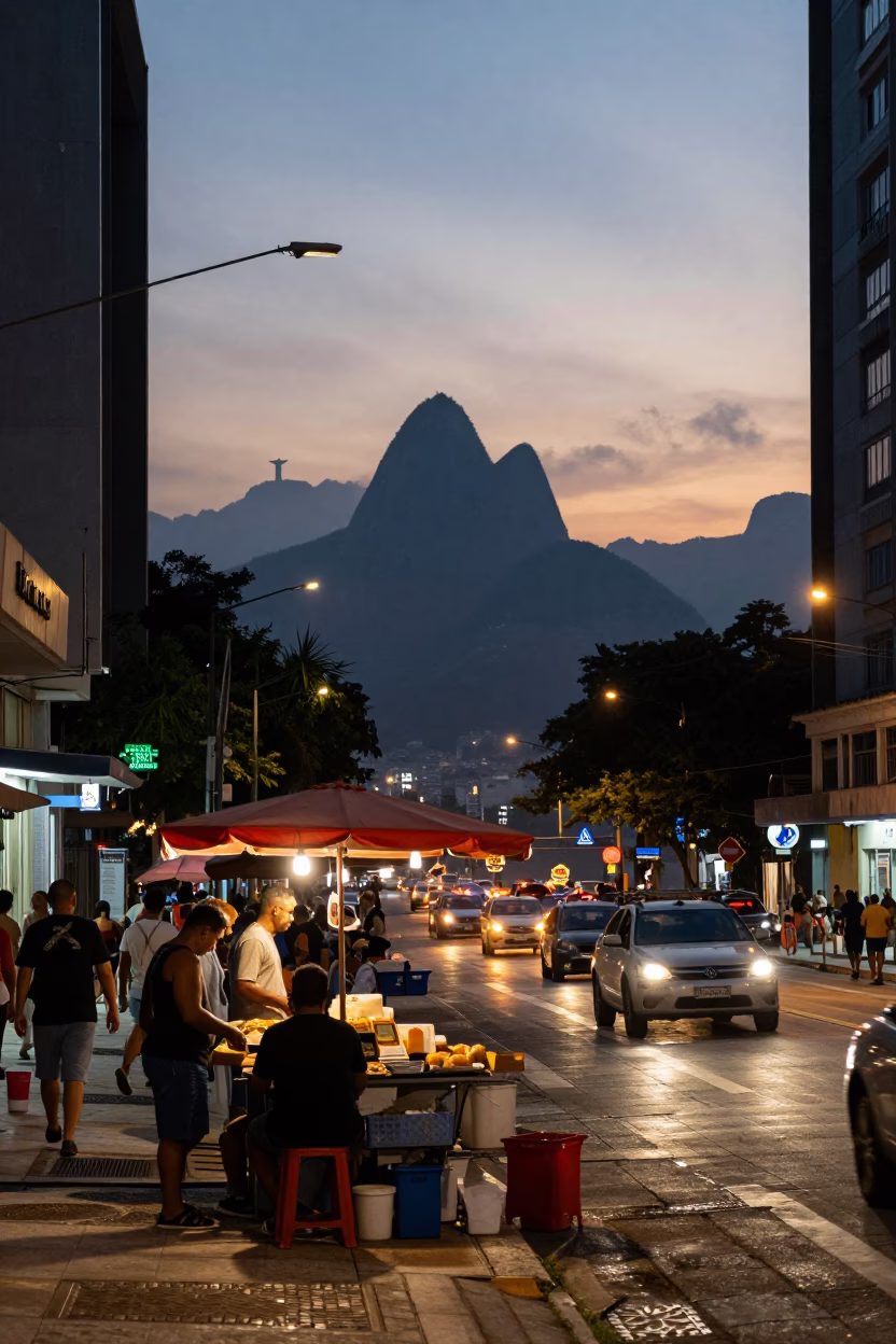 Rio de Janeiro Twilight Street Scene with Local Vendor and Urban Details in in Rio de Janeiro, Brazil