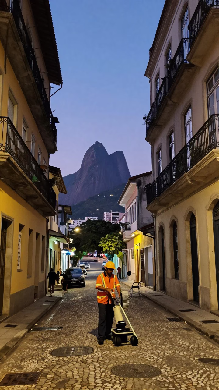 Rio de Janeiro Twilight Street Scene with Mops and Urban Architecture in in Rio de Janeiro, Brazil