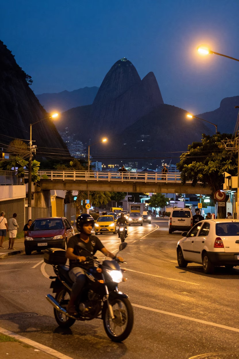 Rio de Janeiro Twilight Street Scene with Motorcycle and Bridge Underpass in in Rio de Janeiro, Brazil