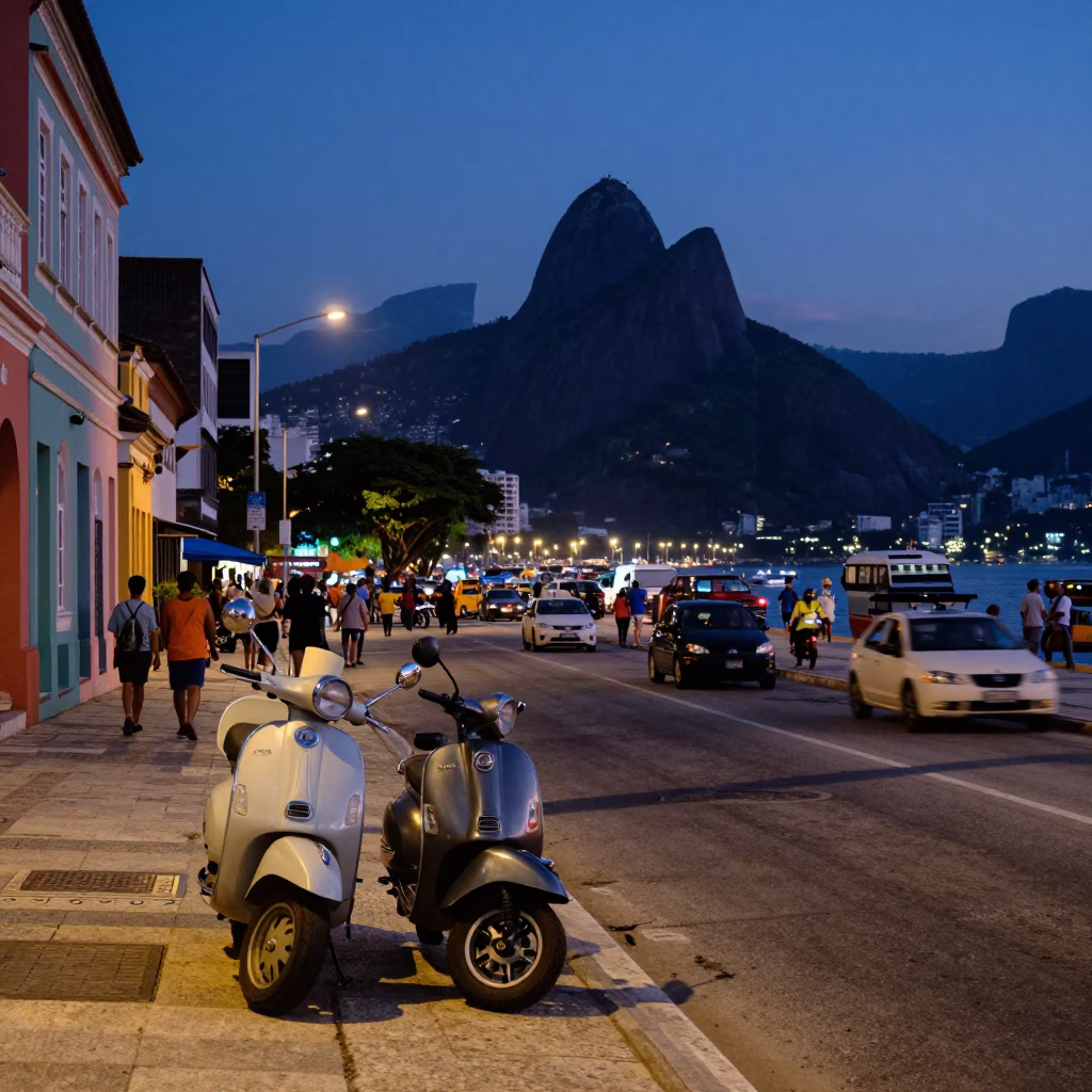Rio de Janeiro Twilight Street Scene with Scooter and Cooler Jug in in Rio de Janeiro, Brazil