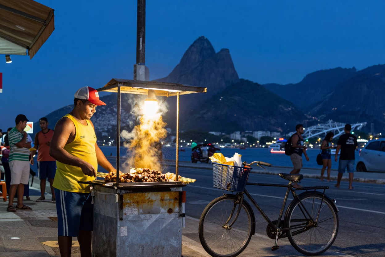 Rio de Janeiro Twilight Street Scene with Suya Skewers and Bicycle in in Rio de Janeiro, Brazil