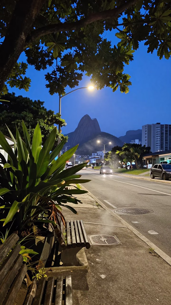 Rio de Janeiro Twilight Street Scene with Tropical Plants and Urban Details in in Rio de Janeiro, Brazil