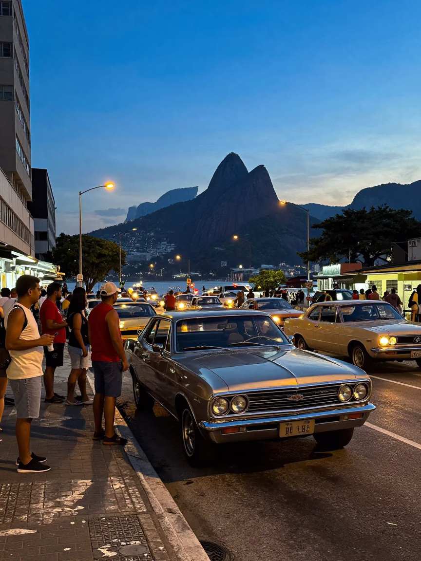 Rio de Janeiro Twilight Street Scene with Vintage Car Rally and Local Interaction in in Rio de Janeiro, Brazil