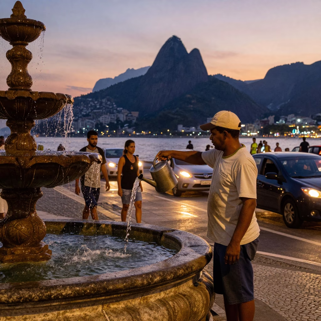 Rio de Janeiro twilight street scene with water vendor and traffic trails in in Rio de Janeiro, Brazil