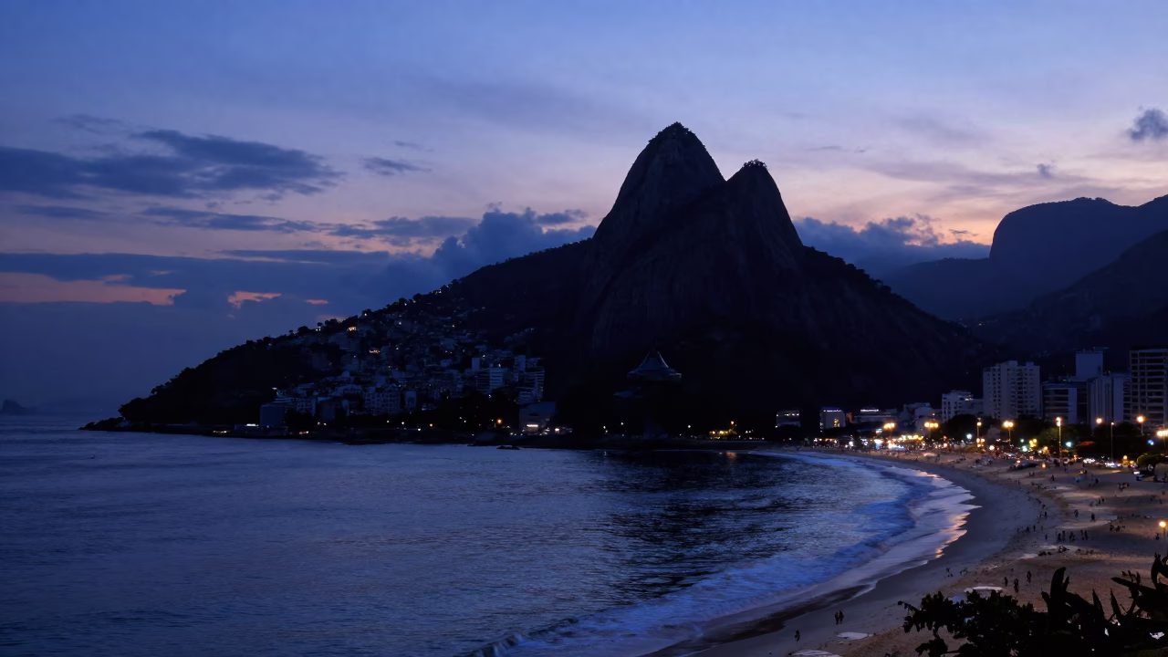 Rio de Janeiro Twilight View of Sugarloaf Mountain and Coastal Beaches in in Rio de Janeiro, Brazil