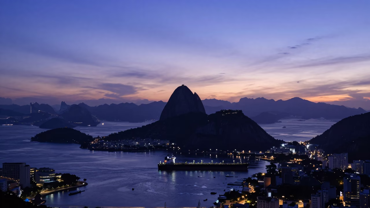 Rio de Janeiro Twilight View of Sugarloaf Mountain and Harbor Tanker Ship in in Rio de Janeiro, Brazil