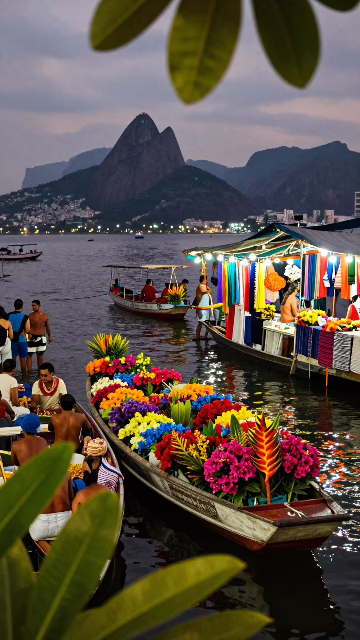 Rio Flower Boats Reflecting Dusk Light on Water in at a textile trader's stall in Rio de Janeiro