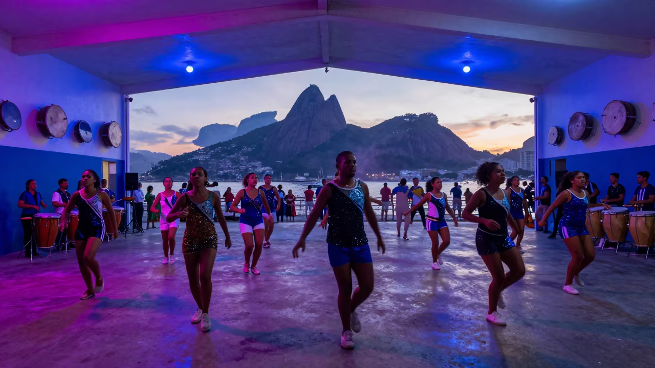 Rio Samba Rehearsal Pre-Dawn Neon Light in in a rehearsal room in Rio de Janeiro