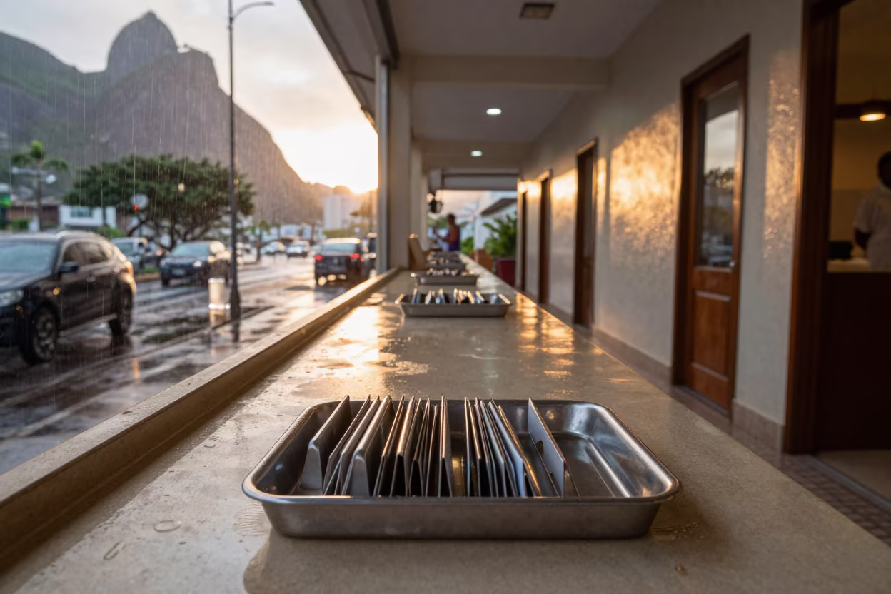 Rio Towel Card Tray in Rainy Season Light in in a quiet guest corridor near Rio de Janeiro