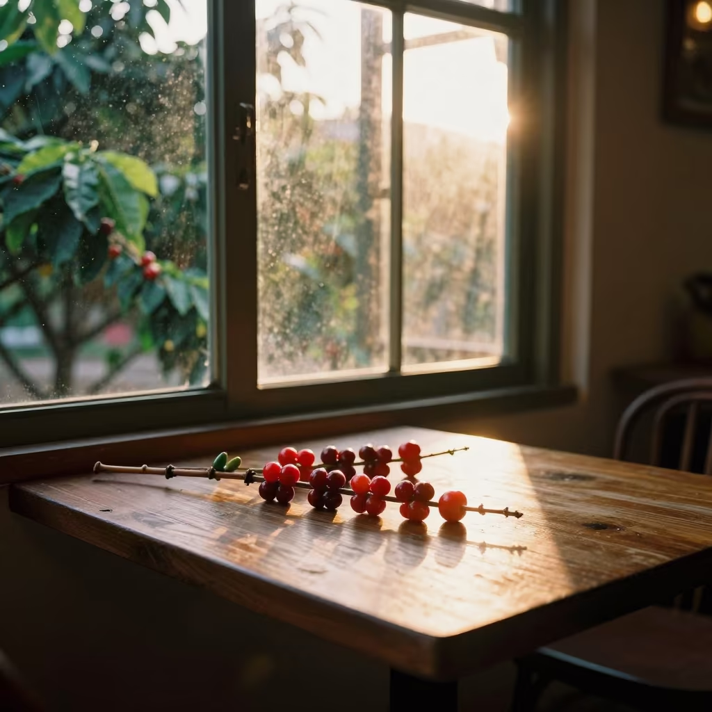 Ripe Coffee Cherries on Cafe Table in Can Tho in on a small cafe table by a window in Can Tho