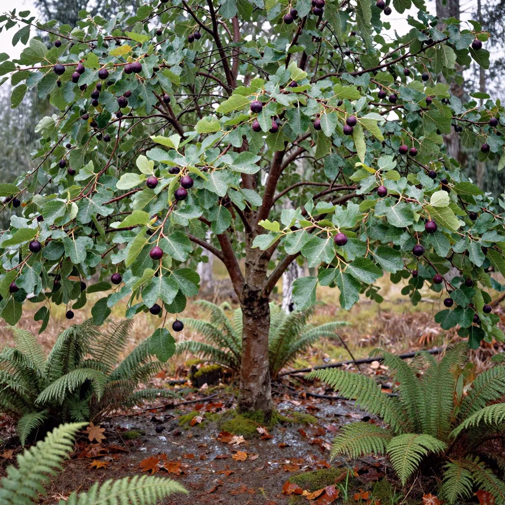 Ripe Purple Figs on Norwegian Forest Floor in on a fern-lined forest floor in Norway