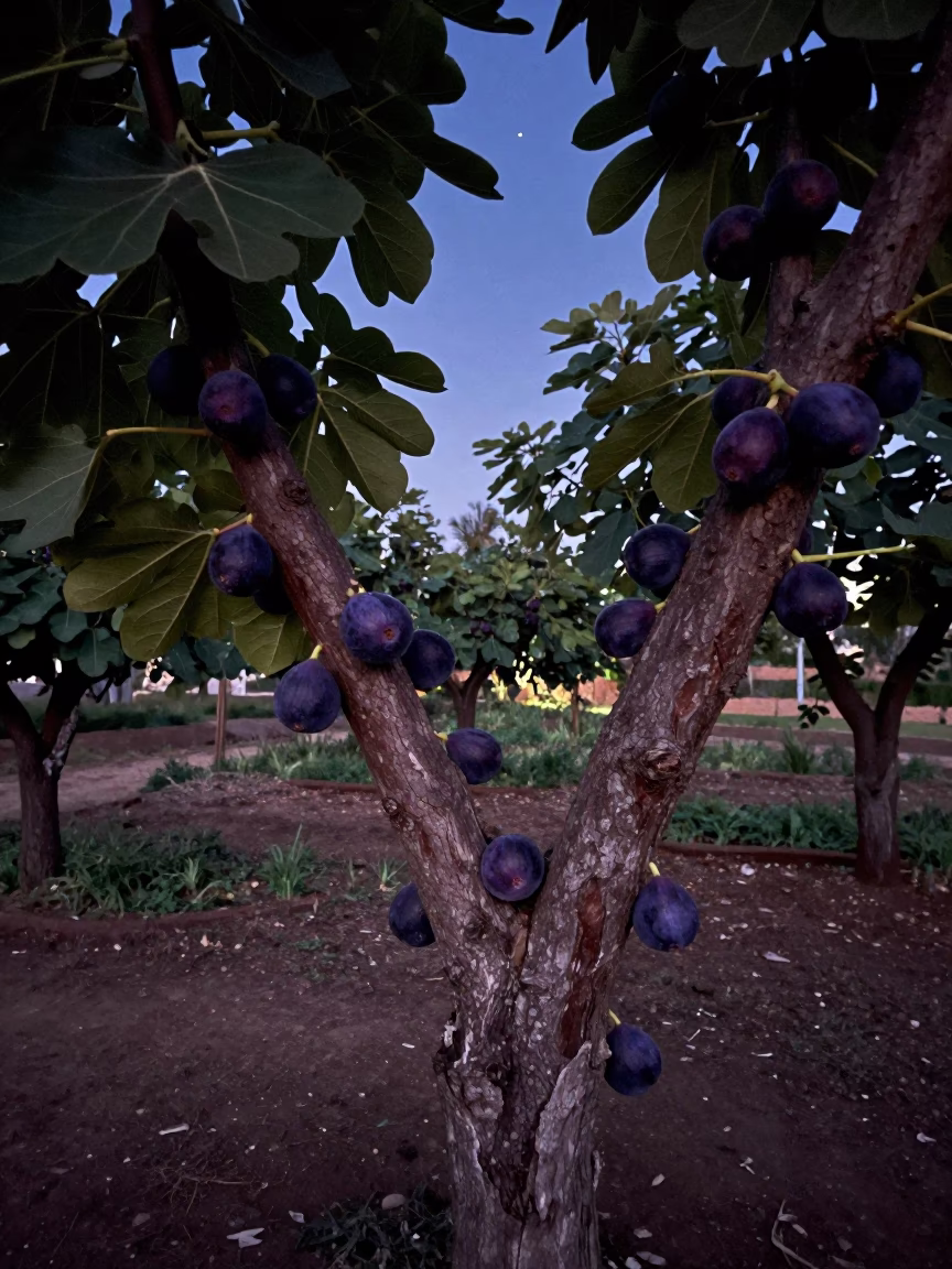 Ripe Purple Figs on Terraced Garden Under Starlight in among terraced garden plots near Hargeisa