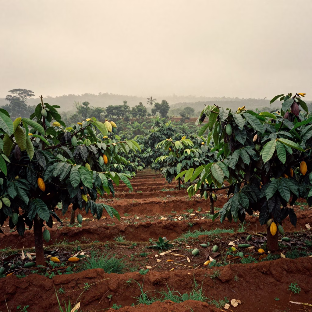 Ripening Cacao Pods in Madagascar Terraced Garden in among terraced garden plots in Madagascar
