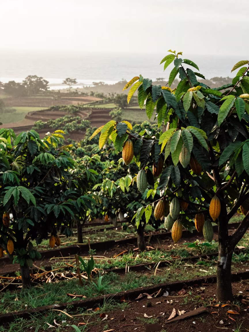 Ripening Cacao Pods in Maputo Terraced Garden in among terraced garden plots near Maputo
