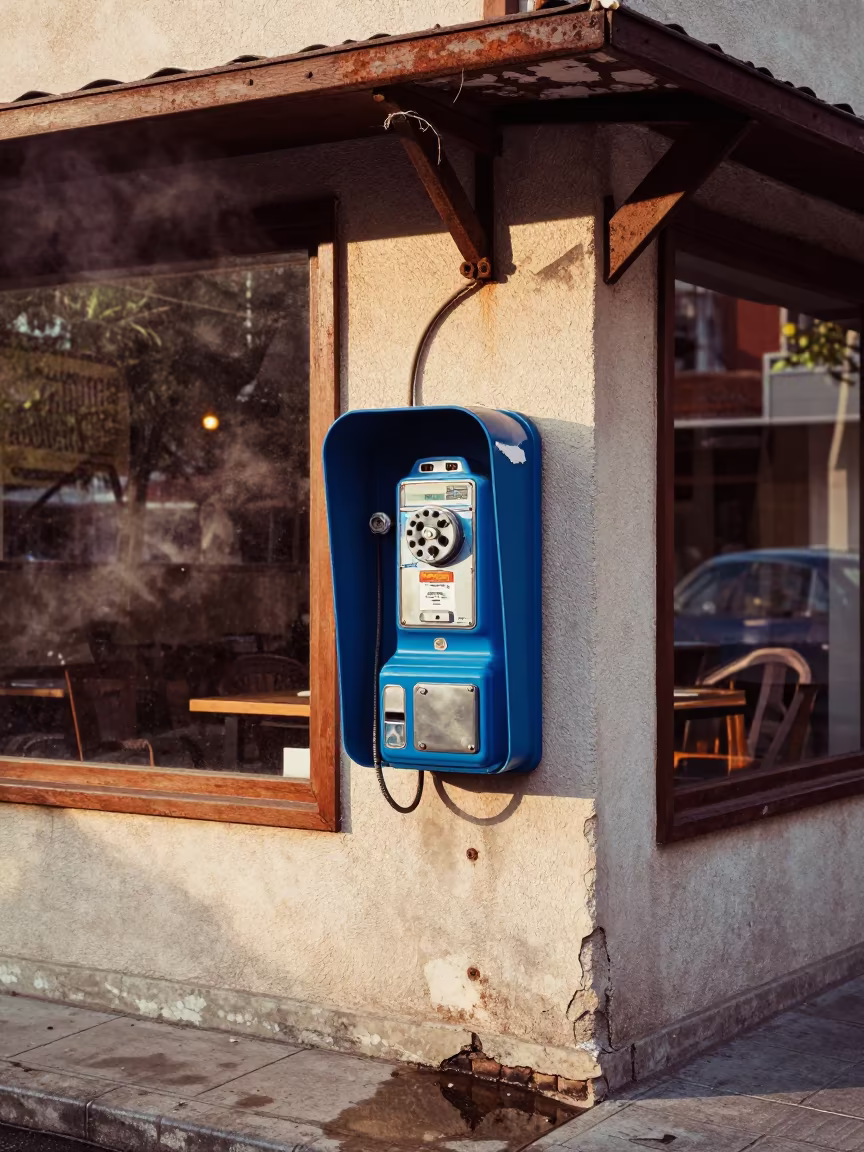 Ripped Payphone Against Cafe Wall Edirne in outside a corner cafe in Edirne