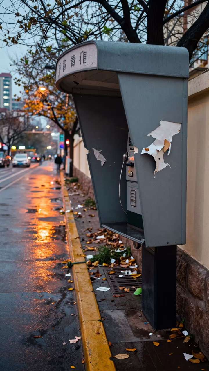 Ripped Payphone Near Qingdao Metro Entrance in outside a metro entrance in Qingdao