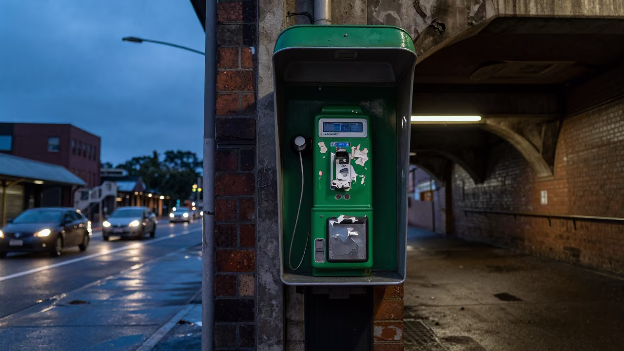 Ripped Payphone Sydney Underpass Blue Hour in outside a metro entrance in Sydney