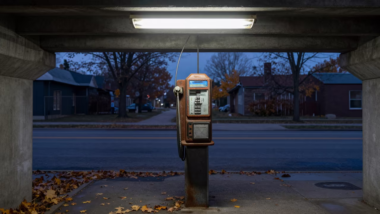 Ripped Payphone Under Flickering Light in beneath a flickering underpass light in Greater Sudbury
