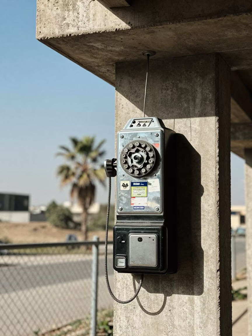Ripped Payphone Under Bright Midmorning Light in beneath a flickering underpass light in Sulaymaniyah