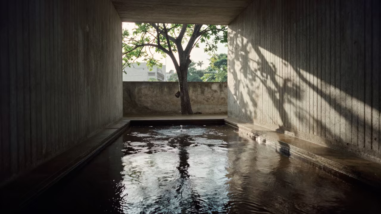 Rippling Abstract Tree Reflections in Havana Lobby in inside a ribbed concrete lobby near Havana