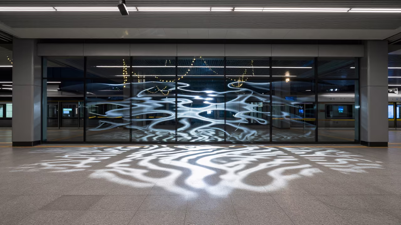 Rippled Glass Light Patterns on Terminal Tiles in inside a restored train terminal in Hsinchu