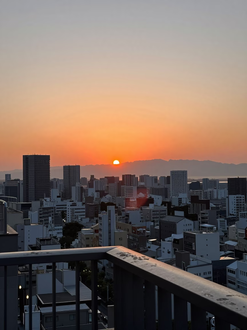 Rise Balcony in Osaka at Sunset Light in in Osaka, Japan