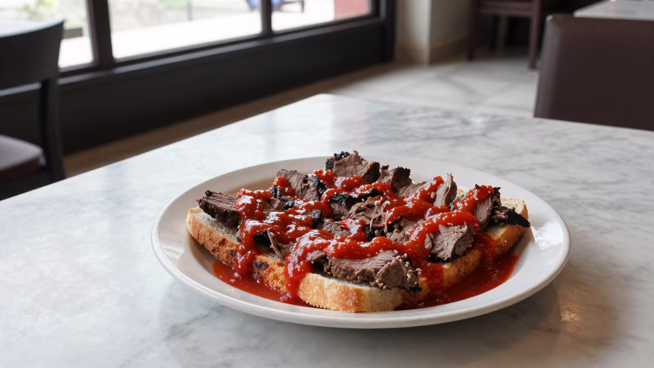Rishikesh Iskender Kebab Tomato Sauce Close-up in on a marble cafe table in Rishikesh