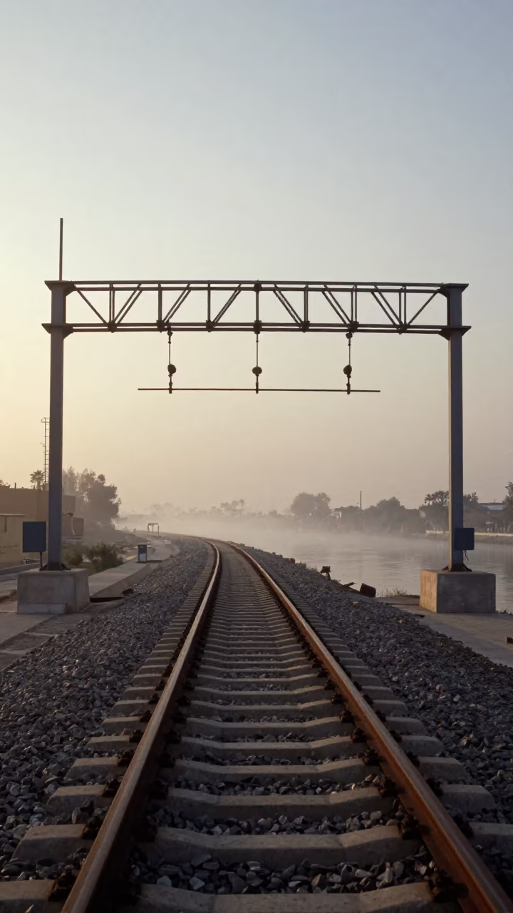 Rising Sun Over Signal Gantry and River Fog in along a levee path above floodwater near Riyadh
