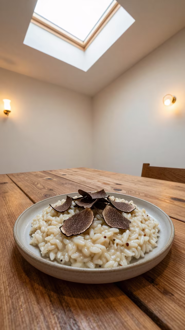 Risotto with Shaved Truffle on Rustic Wood in on a rustic wooden table in Bago
