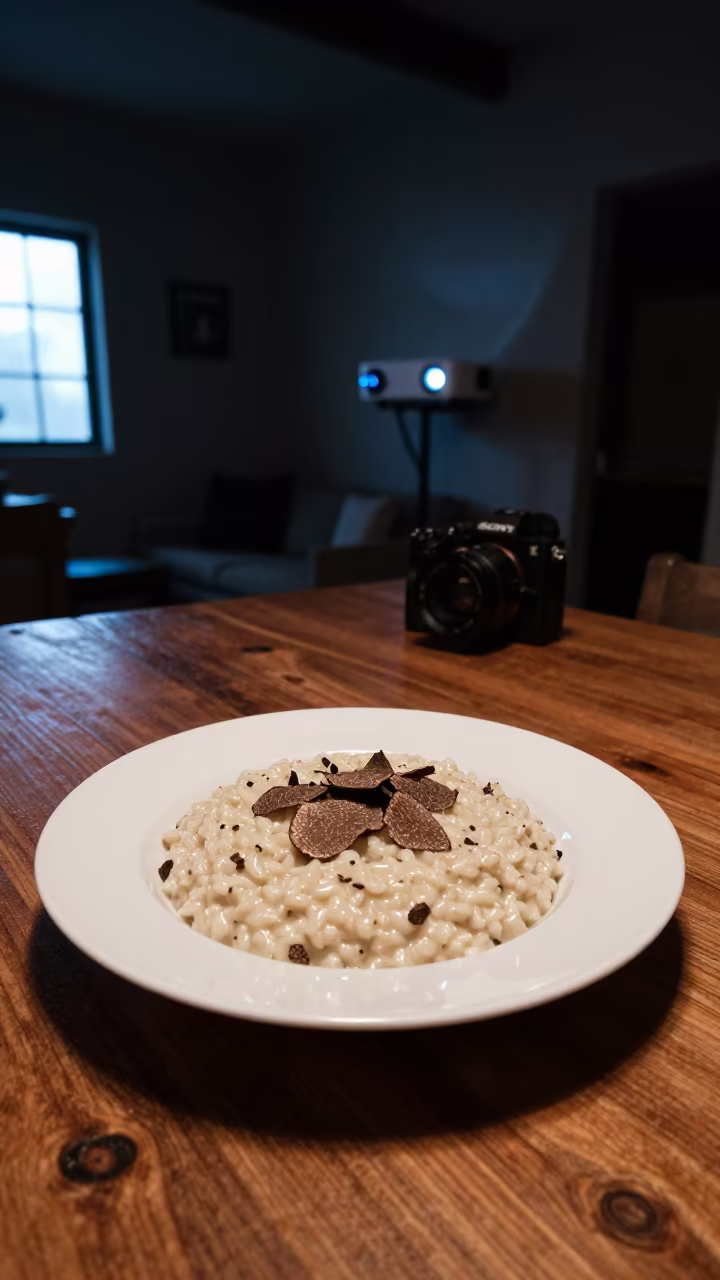 Risotto with Truffle on Rustic Table in on a rustic wooden table in Cabinda