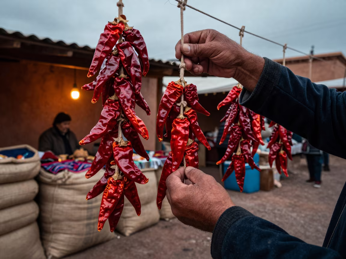 Ristras at Santa Fe Market Stall in at a textile trader's stall in Santa Fe