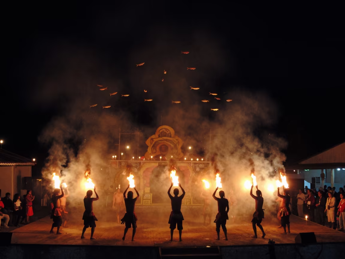 Ritual Fire Dance Night Silhouette in on a festival main stage in Calabozo