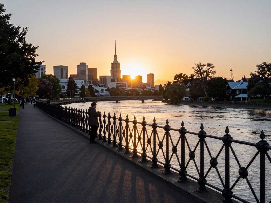 River Avon in Christchurch at As The Sun Drops Toward The Horizon in in Christchurch, New Zealand