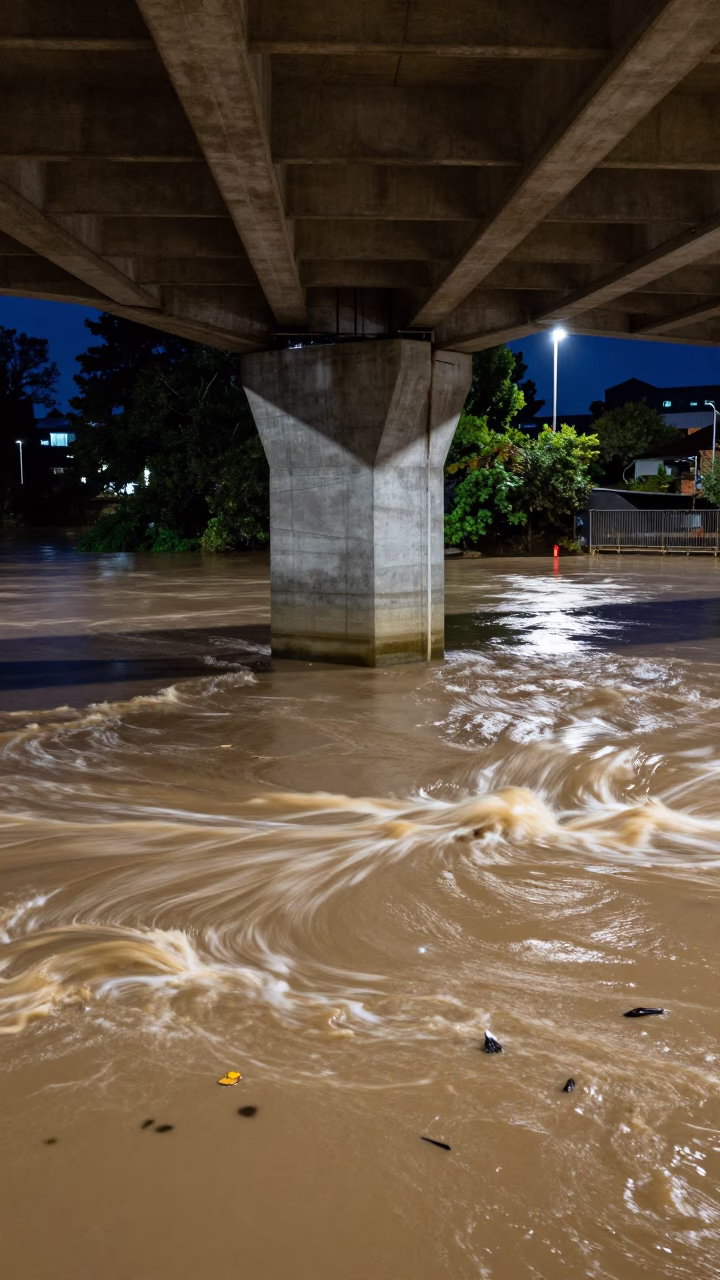 River Avon Muddy Floodwater Swirling Around Concrete Bridge Pier Base in Christchurch in in Christchurch, New Zealand
