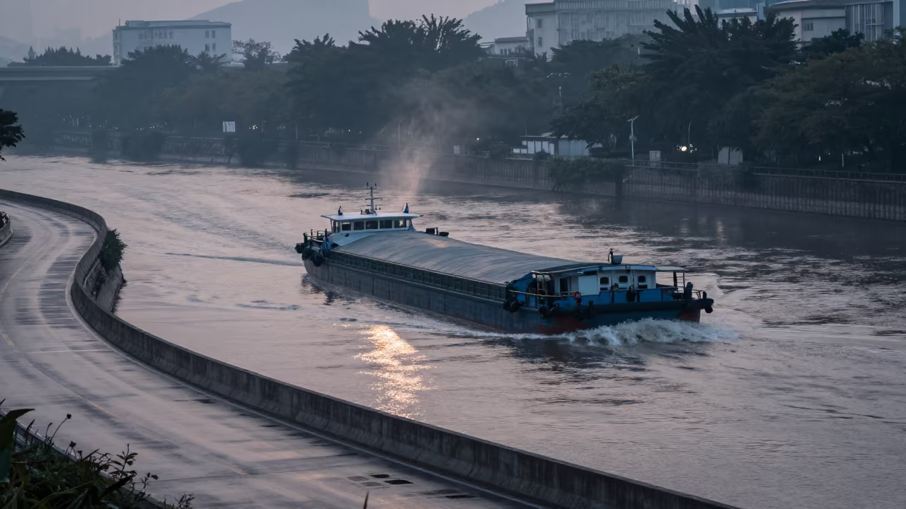 River Barge on Switchback Road Under Rain in along a switchback approach near Shenzhen