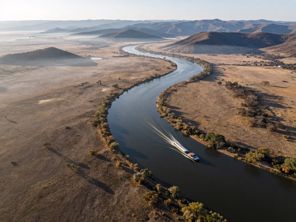 River Barge Wakes Cast Long Shadows Pampas in far above river meanders in the Pampas