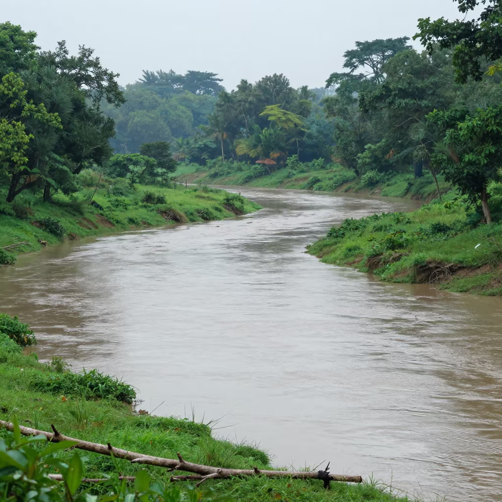 River Bend Through Autumn Forest Floodplain in across a floodplain after rain in Bangladesh