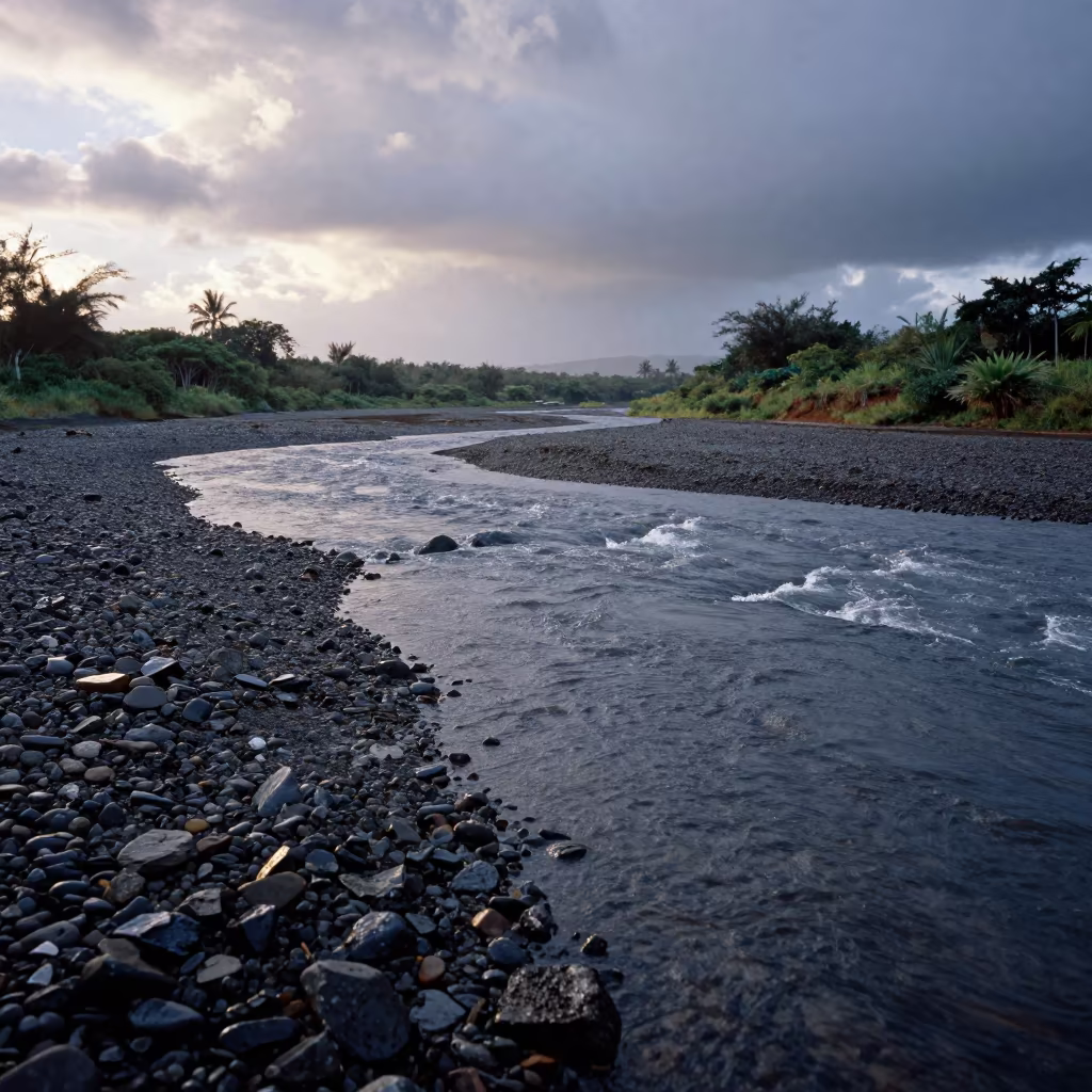 River Braiding Through Gravel Floodplain Mauritius in along a wave-cut shoreline in Mauritius