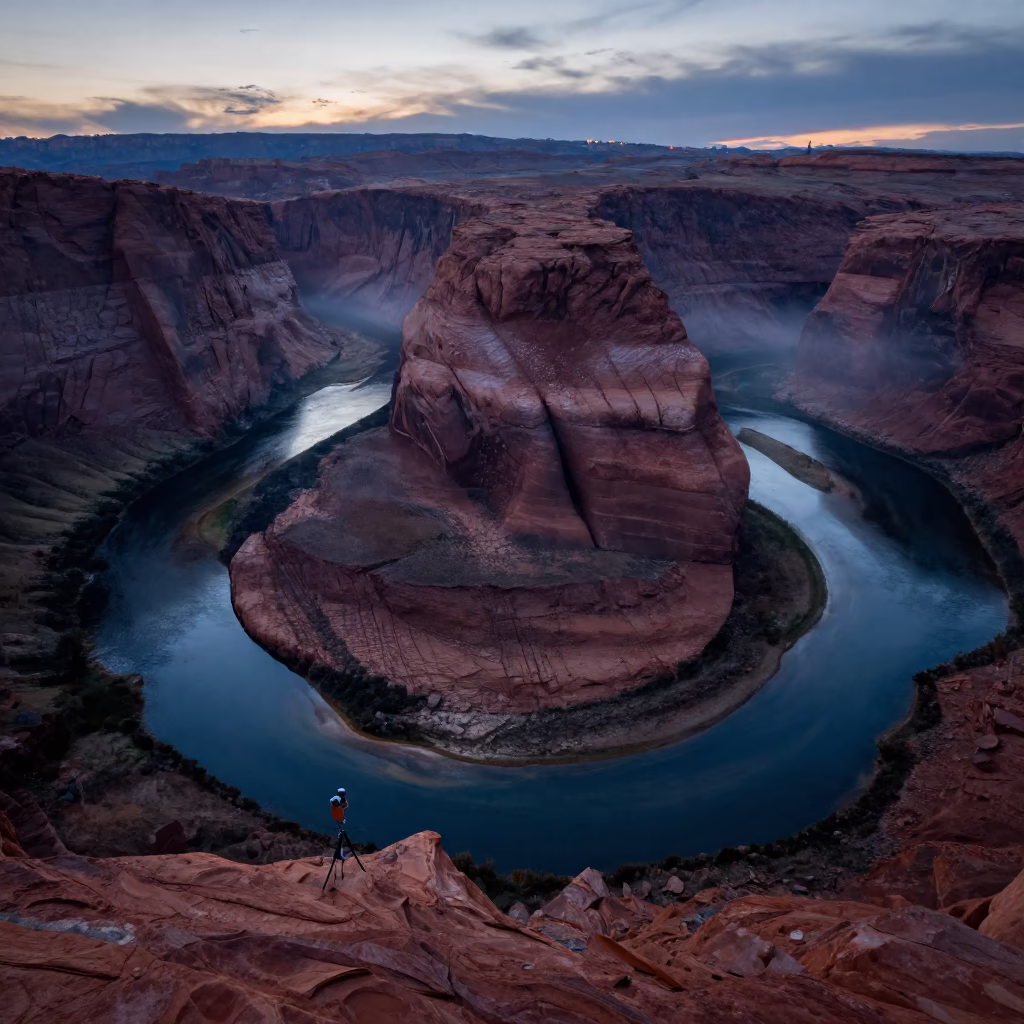 River Canyon Meanders Utah Twilight Silhouette in far above river meanders in Utah