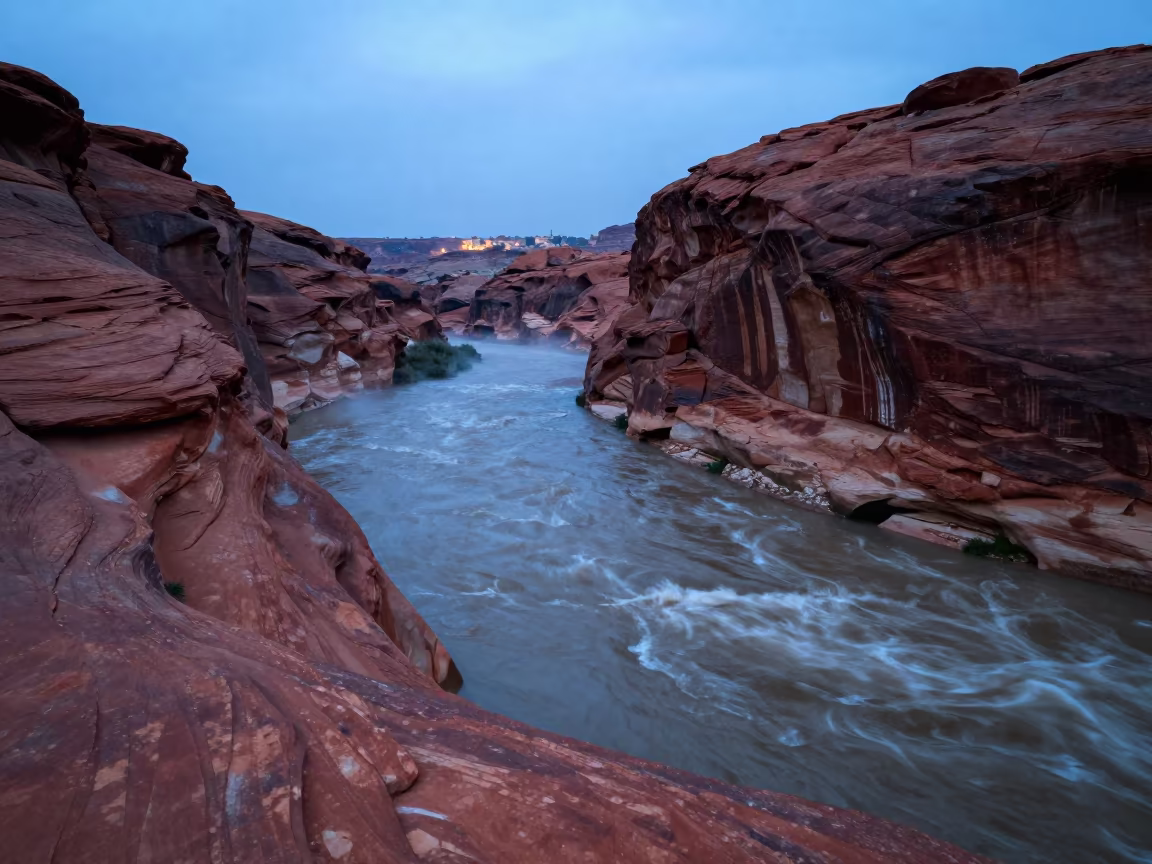 River Cutting Red Canyon After Rain Blue Hour in across a floodplain after rain near Amman