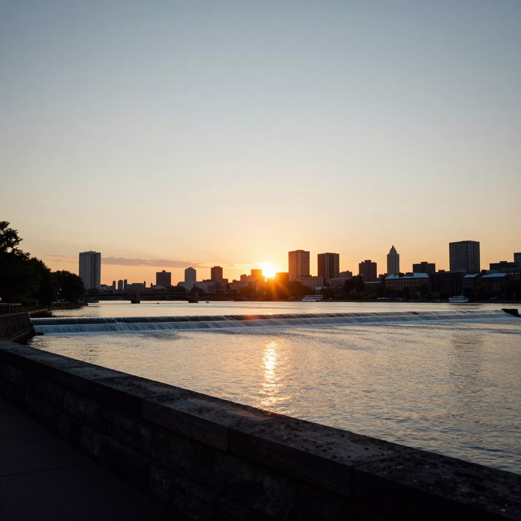 River Dam at Sunset Light in Boston in in Boston, Massachusetts, United States