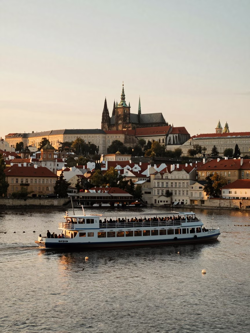 River Ferry at Sunset Light in Prague in in Prague, Czech Republic